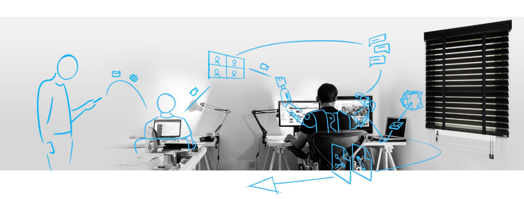 Mensch sitzt im Büro am Computer, Team und Kommunikation stilisiert dargestellt.